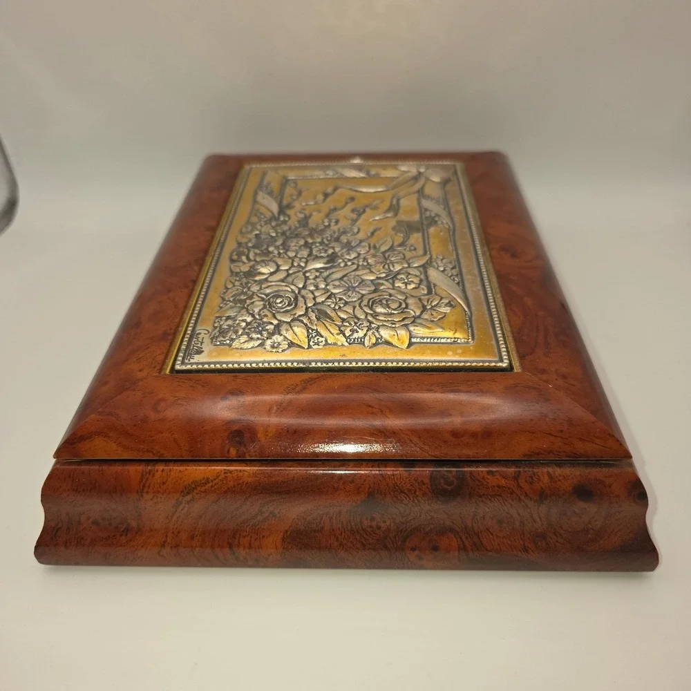 Acca Italy Burl Wood Jewelry Box Castellani Floral Sterling Silver 925 Plate